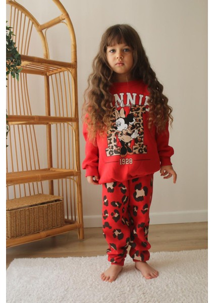 Mnn Leopar Detaylı Kışlık Kız Çocuk 2 li takım - Kırmızı fiyatları