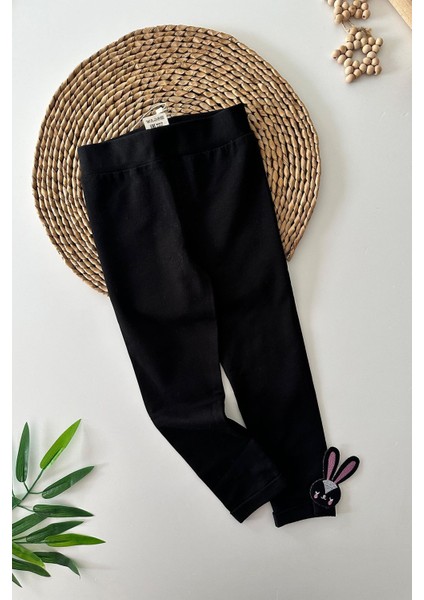 Dabl Paça Tavşan Nakış Işlemeli Kız Çocuk şardonlu tayt - Siyah