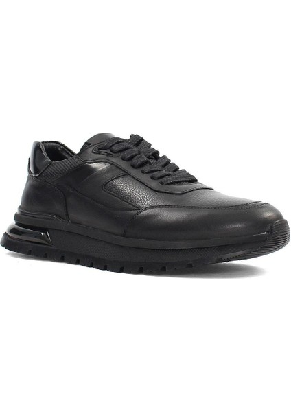 Erkek Siyah Bağcıklı Kalın Tabanlı Deri Sneaker