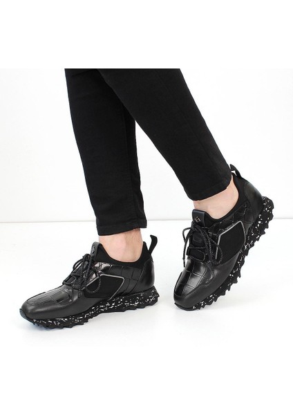 Erkek Siyah Kroko Bağcıklı Kalın Tabanlı Deri Sneaker