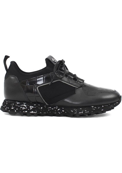 Erkek Siyah Kroko Bağcıklı Kalın Tabanlı Deri Sneaker
