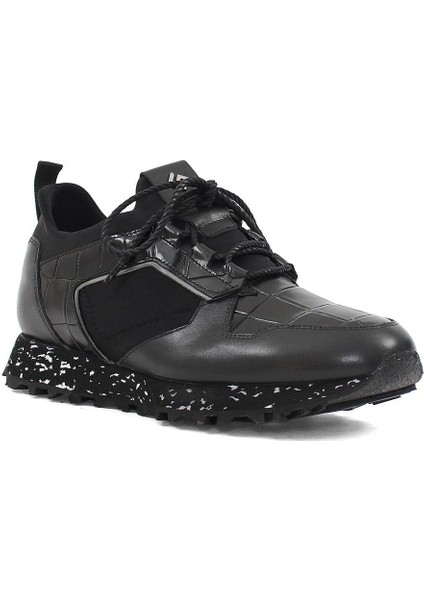 Erkek Siyah Kroko Bağcıklı Kalın Tabanlı Deri Sneaker