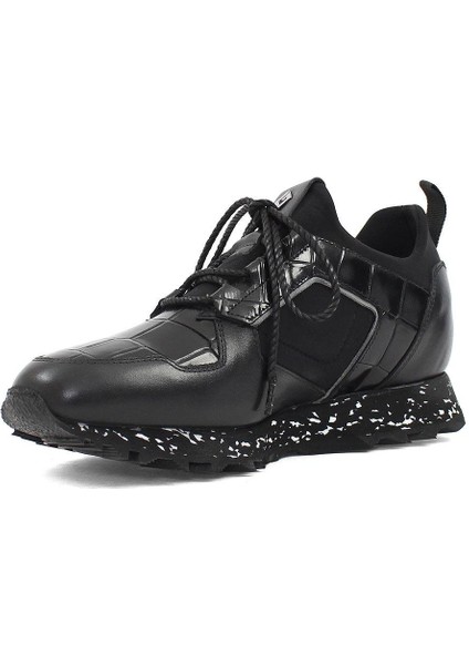 Erkek Siyah Kroko Bağcıklı Kalın Tabanlı Deri Sneaker