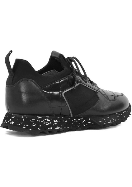 Erkek Siyah Kroko Bağcıklı Kalın Tabanlı Deri Sneaker