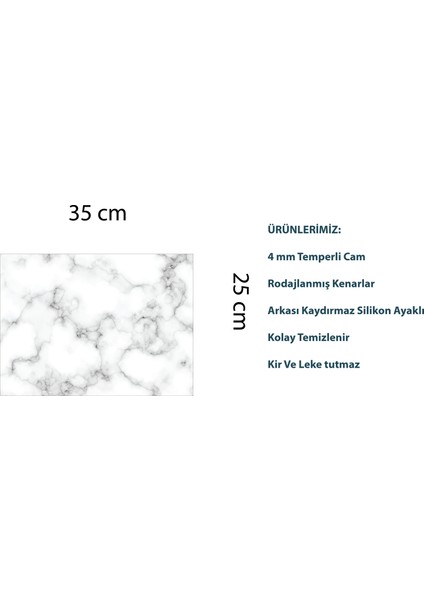 Beyaz Mermer Desenli Cam Kesme Tahtası 25 CM X 35 cm Arkası Silikon Kaydırmazlı Temperli Cam