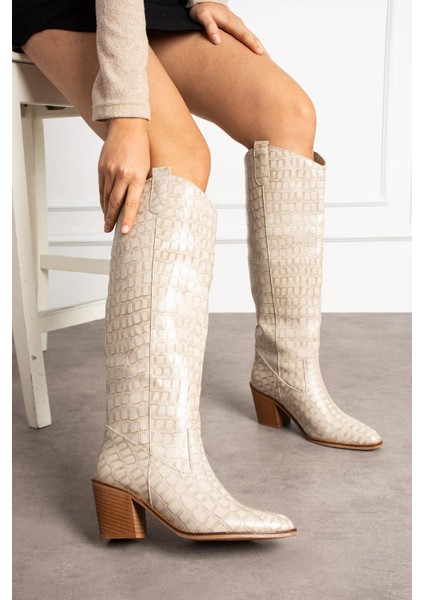 Helia Kadın Çizme Kovboy Kroko Desenli Bej Deri