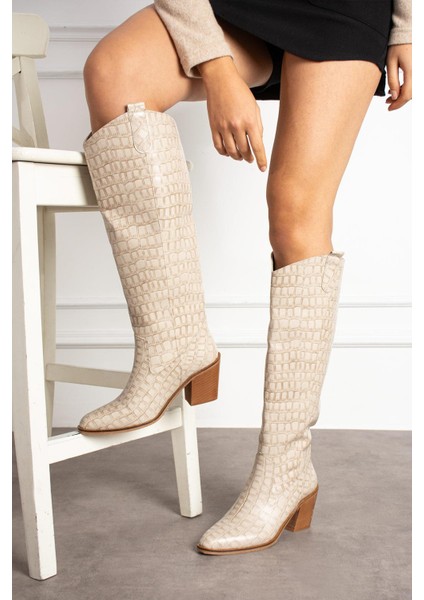 Helia Kadın Çizme Kovboy Kroko Desenli Bej Deri fiyatları