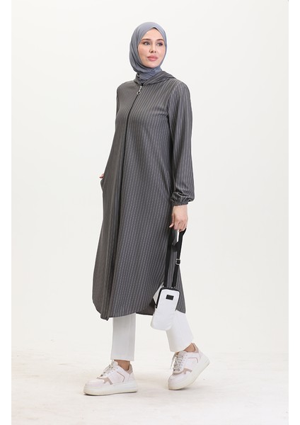 Çizgili Fermuarlı Kap 7275-02 Gri