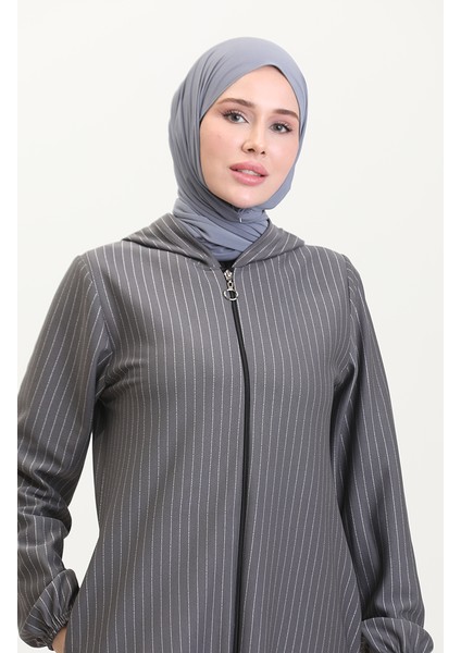 Çizgili Fermuarlı Kap 7275-02 Gri