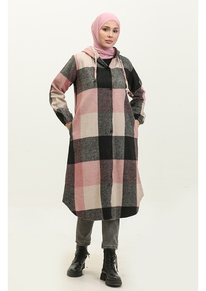 Kapüşonlu Desenli Kap 0184-05 Siyah Pudra