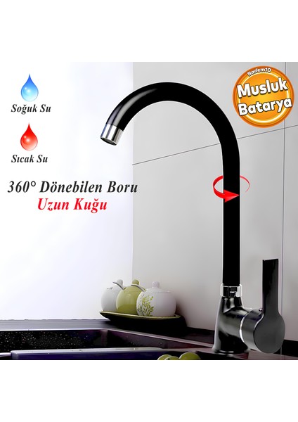 Lara Uzun Kuğu Batarya Siyah Lavabo Banyo Mutfak Mermer Tezgah Üstü Çift Su Giriş Evye