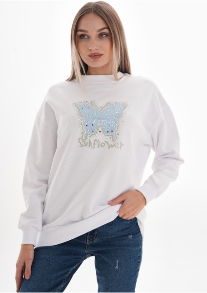 Kelebek Taş Baskılı Sweatshirt