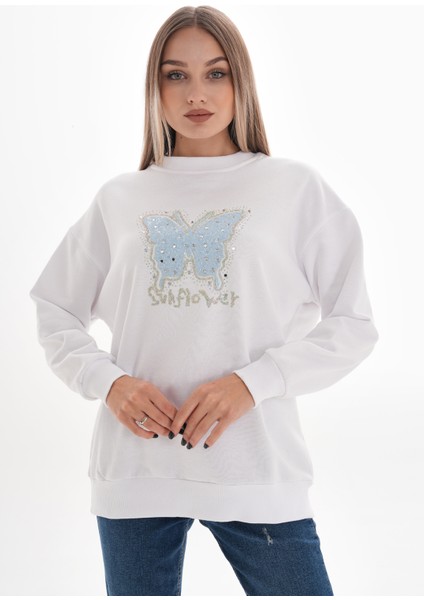 Kelebek Taş Baskılı Sweatshirt