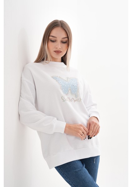 Kelebek Taş Baskılı Sweatshirt