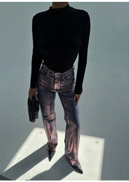 Gümüş Parlak Wide Leg Kaplama Jean Pantalon 34 fiyatları