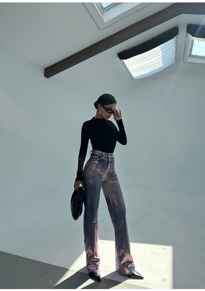 Gümüş Parlak Wide Leg Kaplama Jean Pantalon 34 modelleri