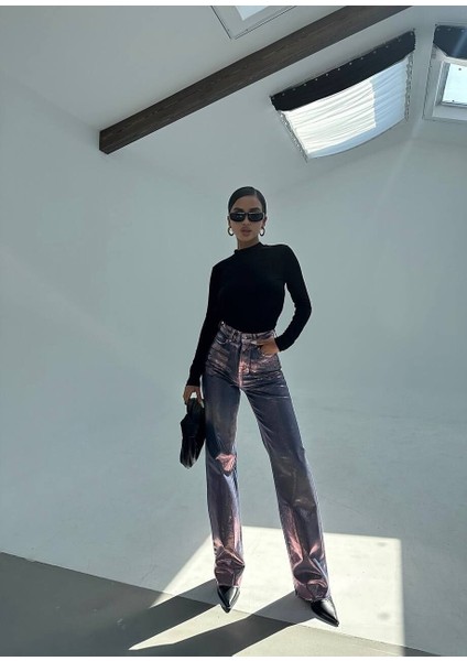 Gümüş Parlak Wide Leg Kaplama Jean Pantalon 34 fırsatları