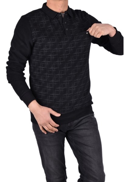 BRG-95007 Polo Yaka Desenli Sweat/siyah/l indirimleri