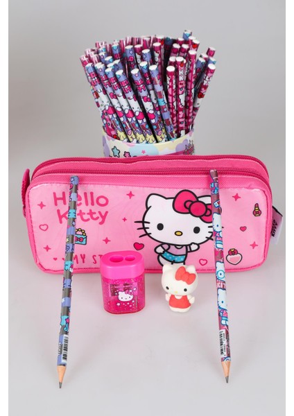 Hello Kitty Dekomus Ile Yeni Sezon Lisanslı Hello Kıtty Kalem Çantası,2 Adet Kurşun Kalem,kalemtraş ve 3D Silgi Seti