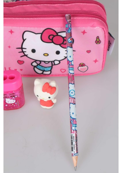 Hello Kitty Dekomus Ile Yeni Sezon Lisanslı Hello Kıtty Kalem Çantası,2 Adet Kurşun Kalem,kalemtraş ve 3D Silgi Seti