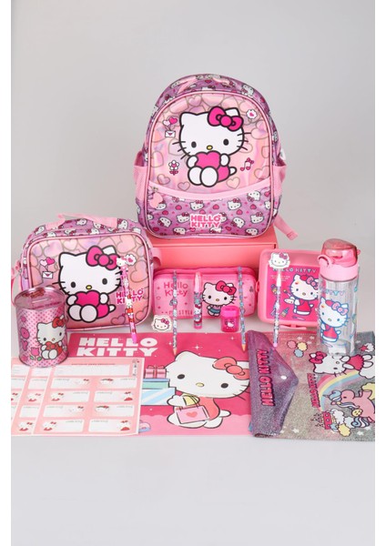 Hello Kitty Tek Bölmeli Küçük Boy 32 cm Hello Kıtty Anaokul,beslenme ve Kalem Çantası Ile Beslenme Kabı,matara Kırtasiye Okul Seti