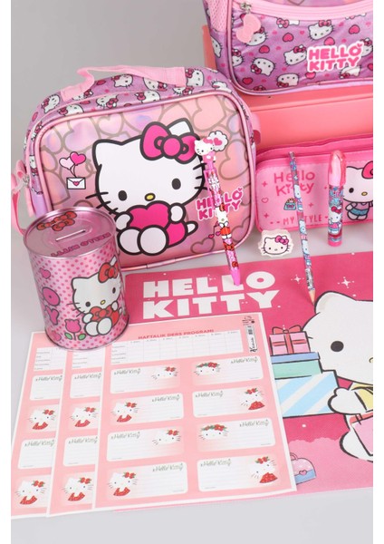 Hello Kitty Tek Bölmeli Küçük Boy 32 cm Hello Kıtty Anaokul,beslenme ve Kalem Çantası Ile Beslenme Kabı,matara Kırtasiye Okul Seti