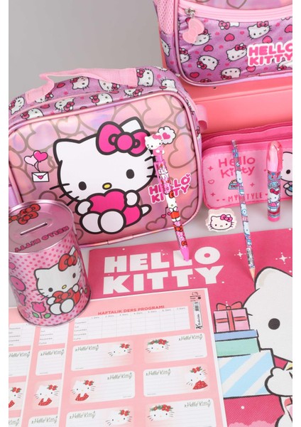 Hello Kitty Tek Bölmeli Küçük Boy 32 cm Hello Kıtty Anaokul,beslenme ve Kalem Çantası Ile Beslenme Kabı,matara Kırtasiye Okul Seti