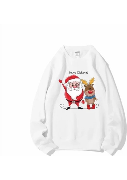 Özel Tasarım Bisiklet Yaka Noel Baba ve Geyiği Baskılı Kız-Erkek Çocuk Sweatshırt