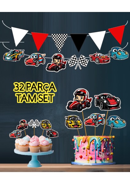 32PARÇA Spor Yarış Araba Temalı Dev Doğum Günü Süsü Banner Pasta Kürdanı Cupcake Süsü Seti