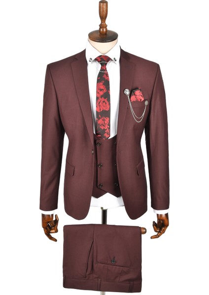 Slim Fit Tek Düğme Çift Yırtmaç 3 Lü Takım Elbise 2303108