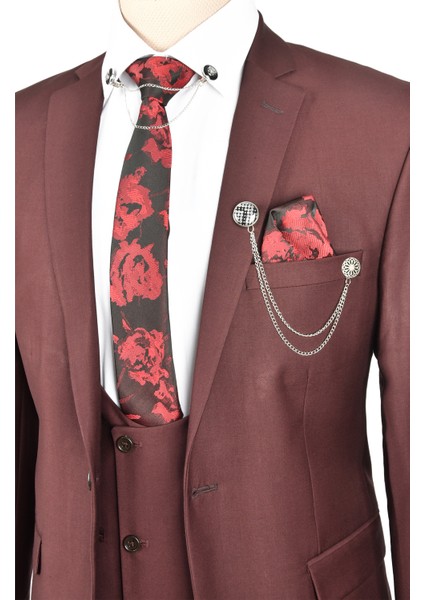 Slim Fit Tek Düğme Çift Yırtmaç 3 Lü Takım Elbise 2303108