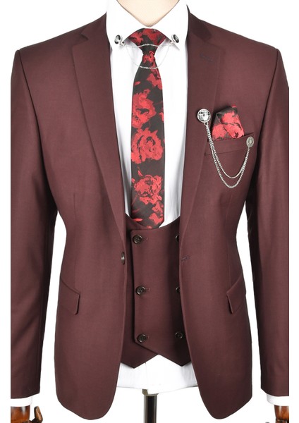 Slim Fit Tek Düğme Çift Yırtmaç 3 Lü Takım Elbise 2303108