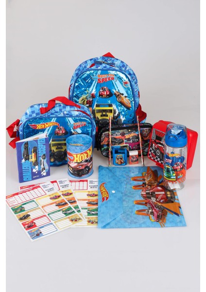 Lisanslı Hot Wheels Tek Bölmeli 32 cm Küçük Boy Anaokul,beslenme,kalem Çantası Ile Matara,beslenme Kabı ve Kırtasiye Seti Çıtçıt Dosya,kalem,silgi,kumbara,kalemtraş,resim Defteri,okul Etiketi