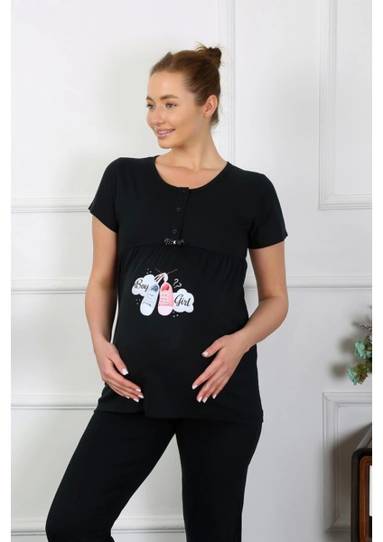 Kadın Kısa Kol Hamile Lohusa Pijama Takımı Siyah 45210 indirimleri