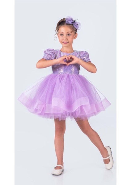 Tütü Gren Etekli Kız Çocuk Pul Payetli Kısa Kol Kikidi Elbise MNK0601