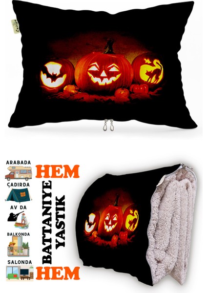Bal Kabağı Helloween Desen Baskılı Tv Battaniyeli Opsiyonel Dekoratif Yastık Battaniye 2in1