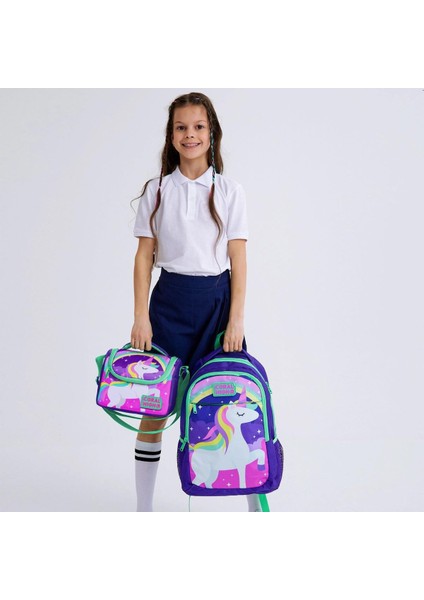 Mor Su Yeşili Unicorn Desenli 3’lü Okul Çanta Seti