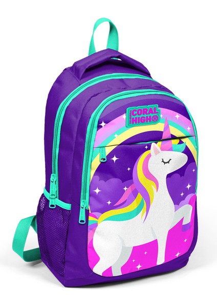 Mor Su Yeşili Unicorn Desenli 3’lü Okul Çanta Seti