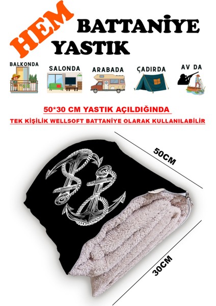 Denizci Çıpa Desen Baskılı Tv Battaniyeli Opsiyonel Dekoratif Yastık Battaniye 2in1