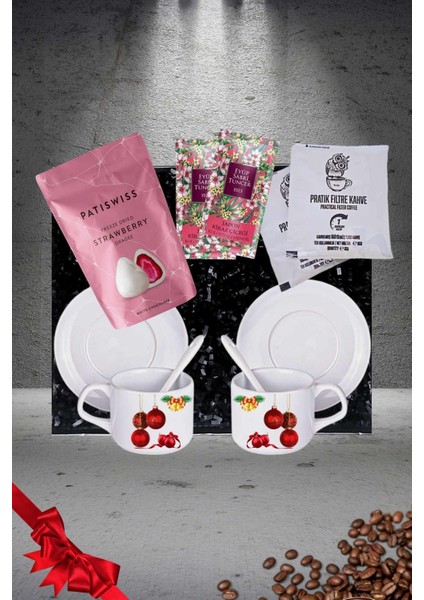 Yılbaşı 2’li Fincan Seti & Beyaz Çikolatalı Çilek Draje & Filtre Kahve Seti Gift Box-1