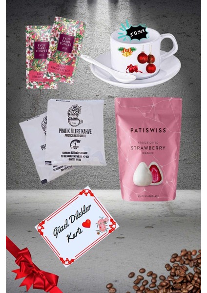 Yılbaşı 2’li Fincan Seti & Beyaz Çikolatalı Çilek Draje & Filtre Kahve Seti Gift Box-1