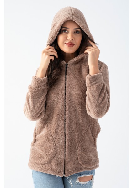 Kadın Siyah Kapüşonlu Peluş Ceket