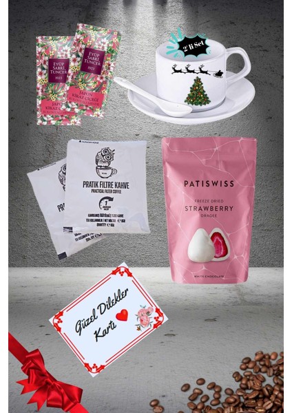 Yılbaşı 2’li Fincan Seti & Beyaz Çikolatalı Çilek Draje & Filtre Kahve Seti Gift Box-2