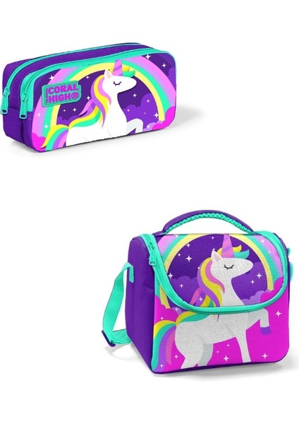 Mor Su Yeşili Unicorn Desenli Iki Bölmeli Kalem Çantası ve Thermo Beslenme Çantası fiyatları