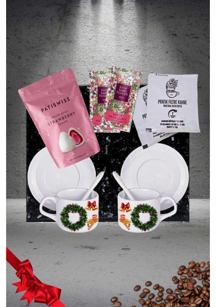 Yılbaşı 2’li Fincan Seti & Beyaz Çikolatalı Çilek Draje & Filtre Kahve Seti Gift Box-4