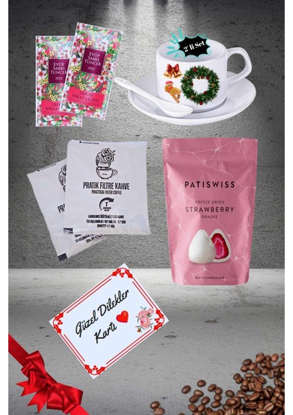 Yılbaşı 2’li Fincan Seti & Beyaz Çikolatalı Çilek Draje & Filtre Kahve Seti Gift Box-4