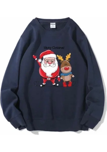 Özel Tasarım Bisiklet Yaka Noel Baba ve Geyiği Baskılı Kız-Erkek Çocuk Sweatshırt