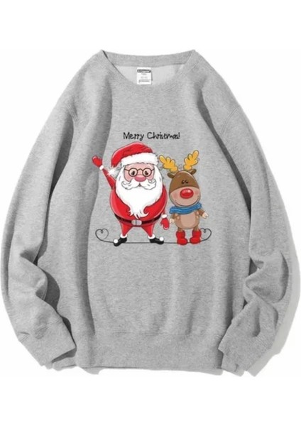 Özel Tasarım Bisiklet Yaka Noel Baba ve Geyiği Baskılı Kız-Erkek Çocuk Yılbaşı Sweatshırt