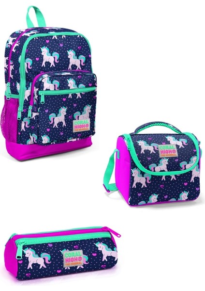 Lacivert Pembe Unicorn Desenli 3’lü Okul Çanta Seti