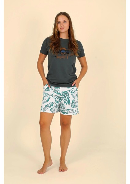 Kadın Şortlu Kısa Kol Penye Pijama Takımı Yeşil 3625 modelleri